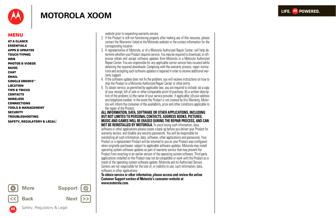 Motorola XOOM manual Website prior to requesting warranty service 