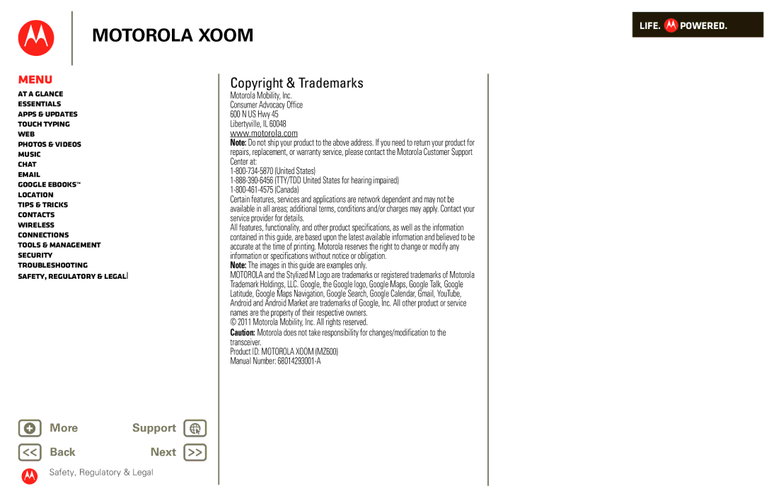 Motorola XOOM manual Copyright & Trademarks, United States Canada 