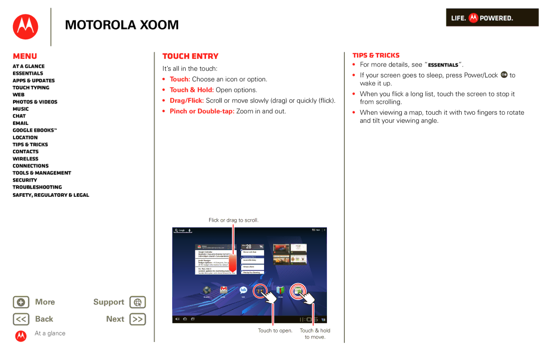 Motorola XOOM manual Touch entry, It’s all in the touch Touch Choose an icon or option 