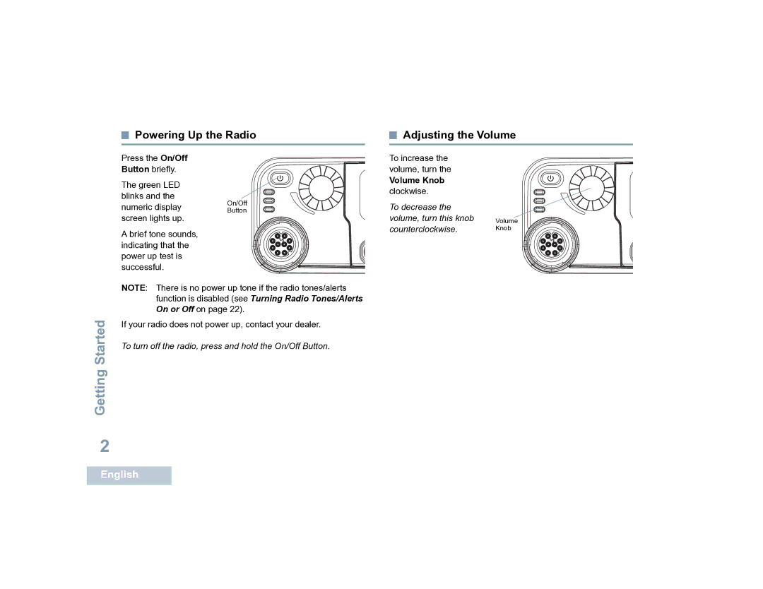 Motorola XPR 4300 manual Getting Started, Volume Knob clockwise 