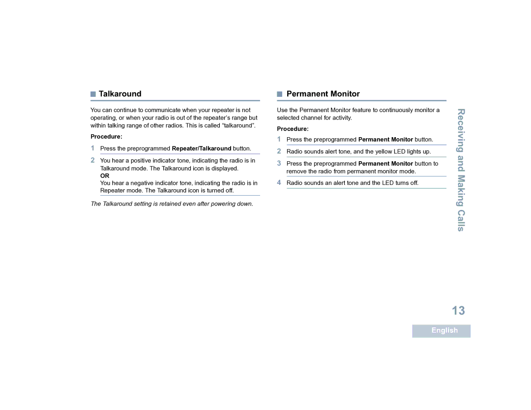 Motorola XPR 4300 manual Talkaround, Permanent Monitor 