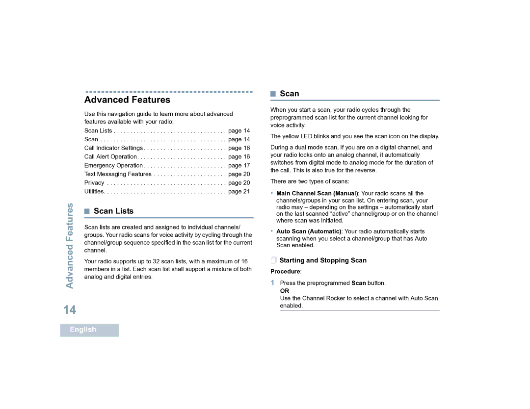 Motorola XPR 4300 manual Advanced Features, Scan Lists,  Starting and Stopping Scan 