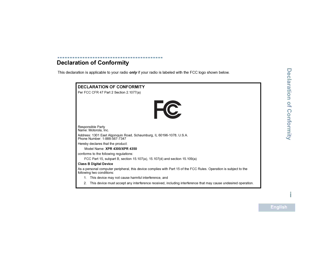 Motorola XPR 4300 manual Declaration of Conformity 