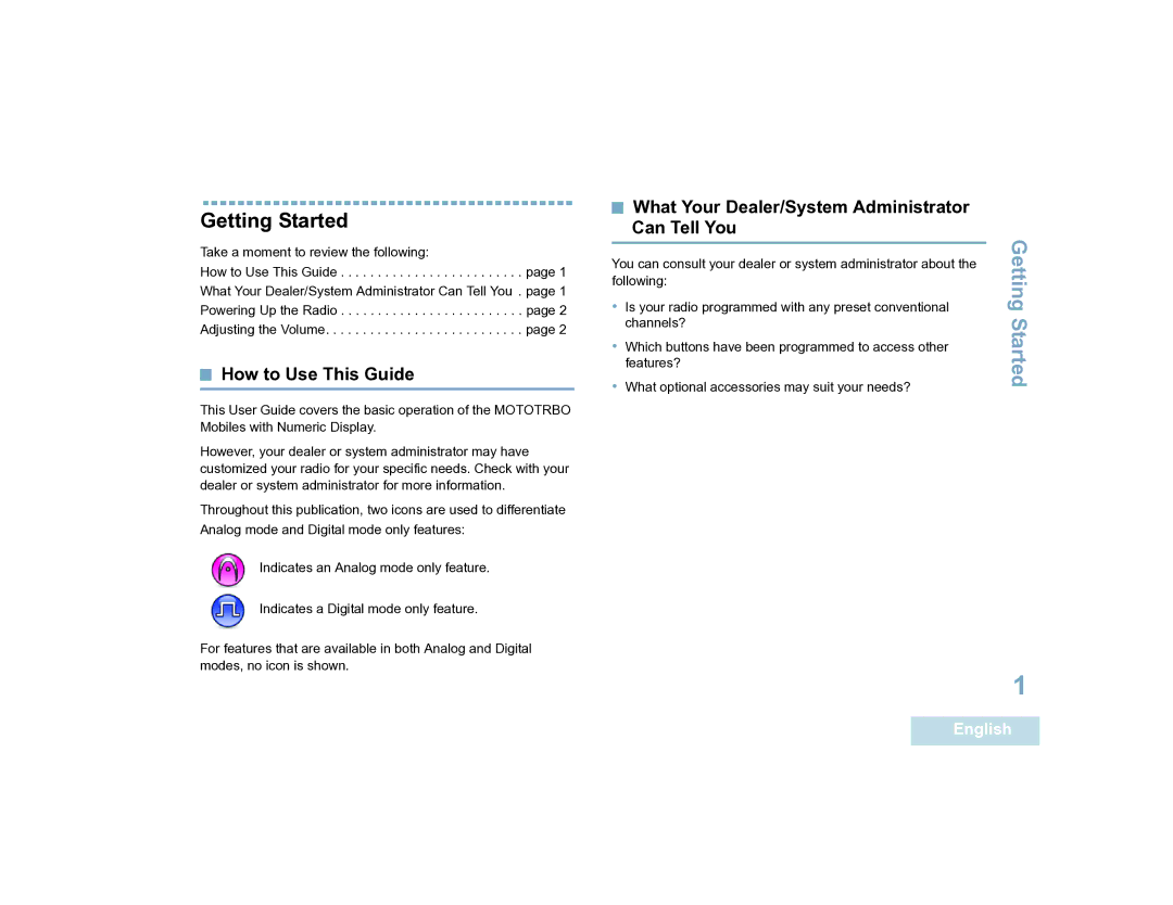 Motorola XPR 4300 manual Getting Started, How to Use This Guide, What Your Dealer/System Administrator Can Tell You 