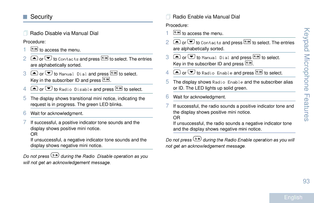 Motorola XPR 5550 manual  Radio Disable via Manual Dial,  Radio Enable via Manual Dial 