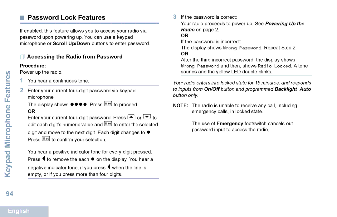 Motorola XPR 5550 manual Password Lock Features,  Accessing the Radio from Password 