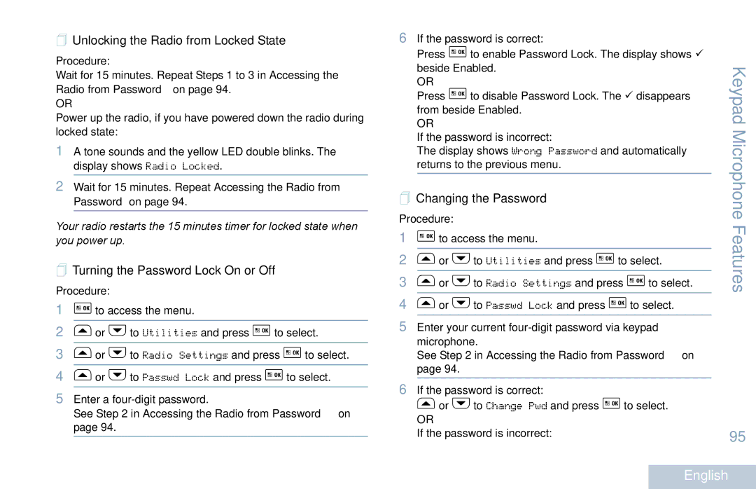 Motorola XPR 5550  Unlocking the Radio from Locked State,  Turning the Password Lock On or Off,  Changing the Password 