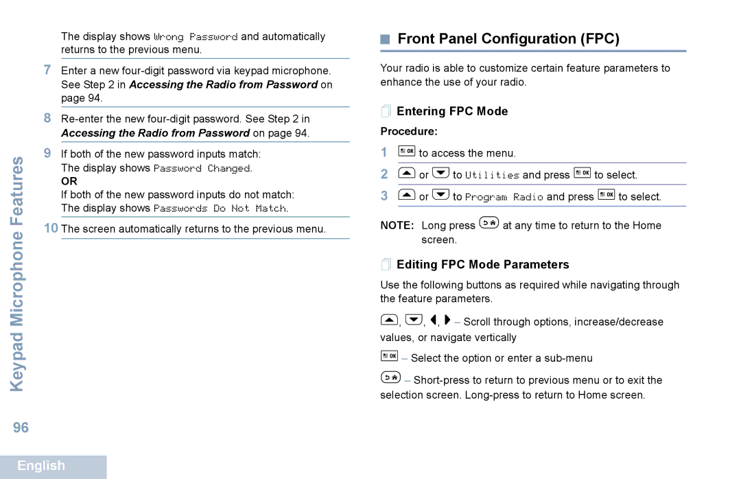 Motorola XPR 5550 manual Front Panel Configuration FPC,  Entering FPC Mode,  Editing FPC Mode Parameters 