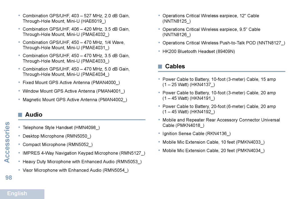 Motorola XPR 5550 manual Audio, Cables 