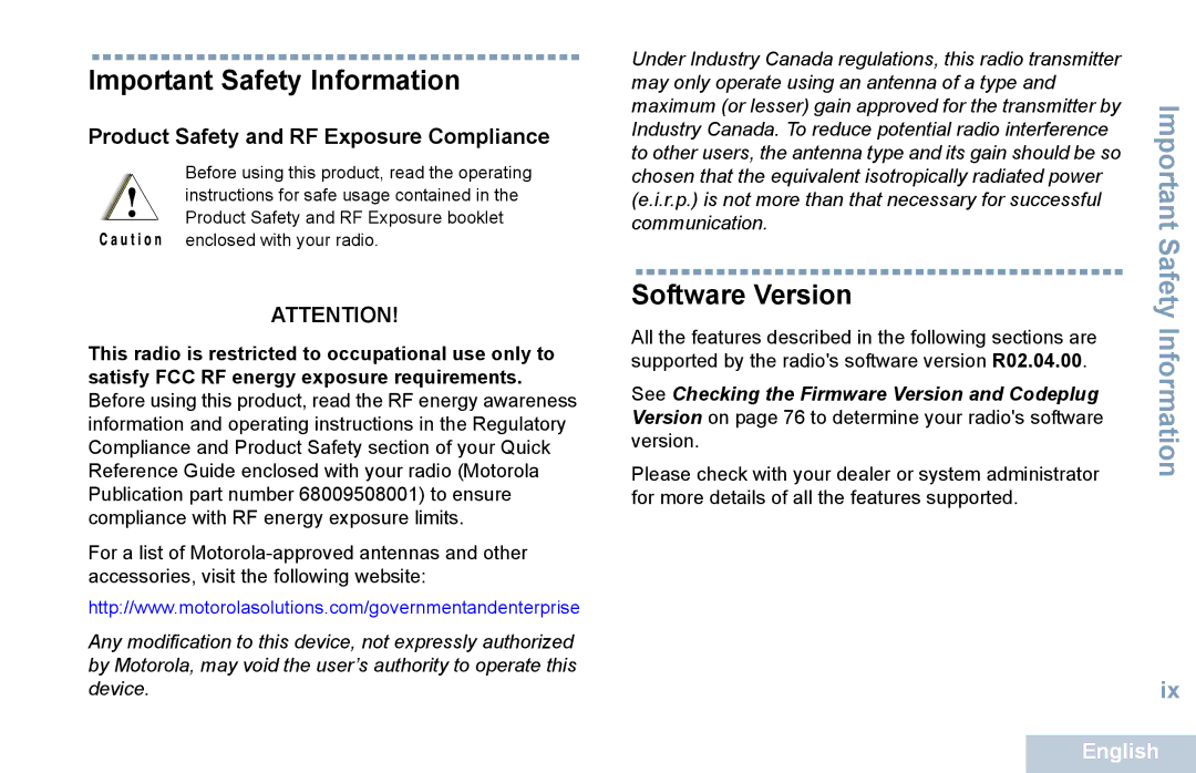 Motorola XPR 5550 manual Important Safety Information, Software Version 