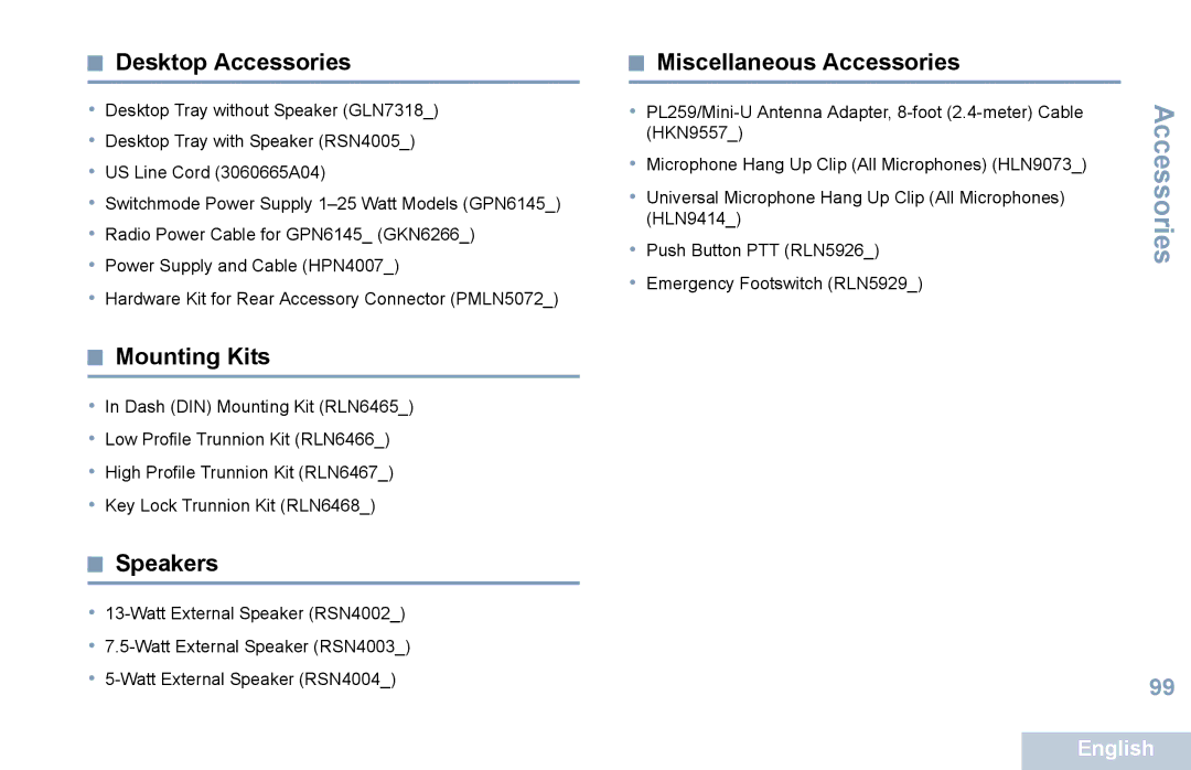 Motorola XPR 5550 manual Desktop Accessories, Mounting Kits, Speakers, Miscellaneous Accessories 