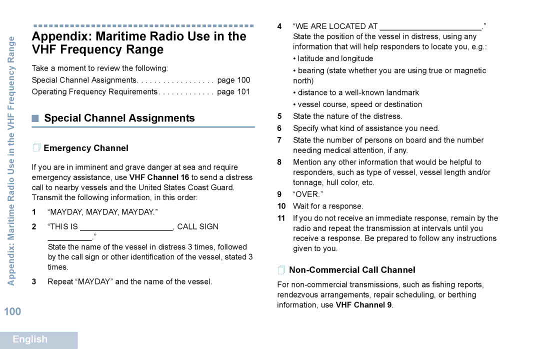 Motorola XPR 5550 Appendix Maritime Radio Use in the VHF Frequency Range, Special Channel Assignments,  Emergency Channel 