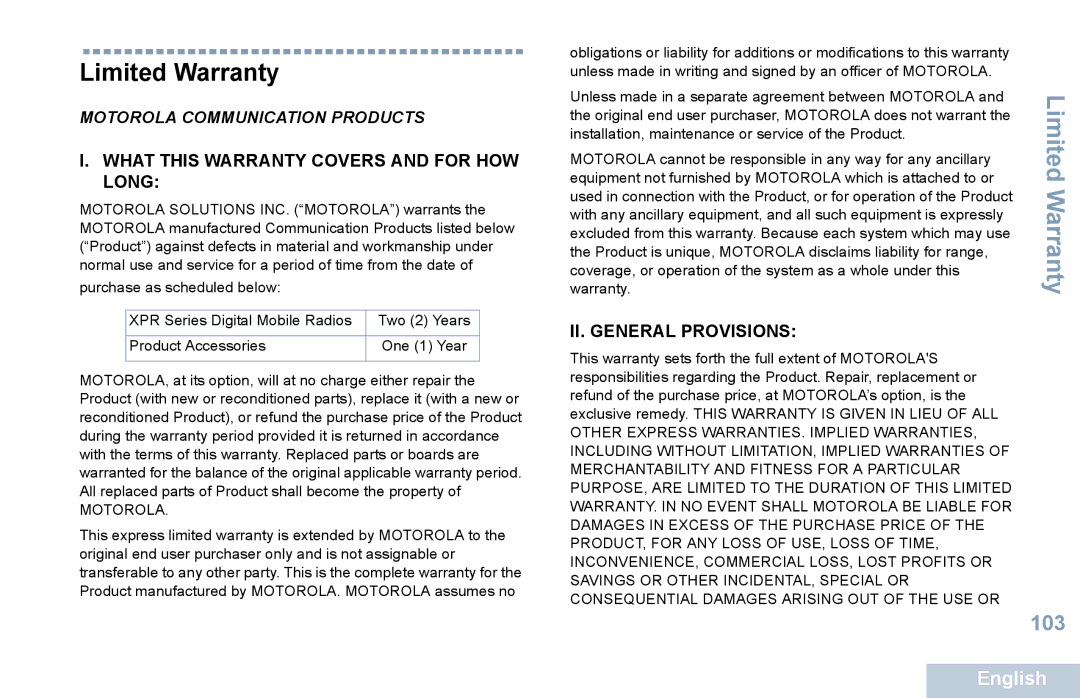 Motorola XPR 5550 manual Limited Warranty, Motorola Communication Products 
