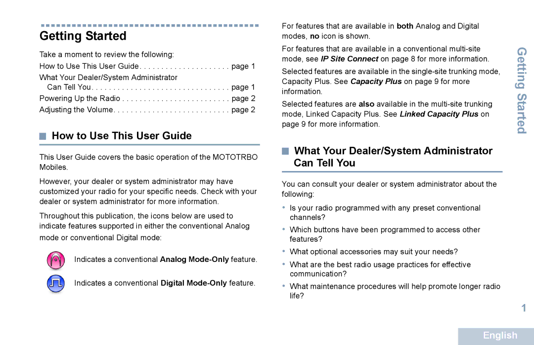 Motorola XPR 5550 manual Getting Started, How to Use This User Guide, What Your Dealer/System Administrator Can Tell You 