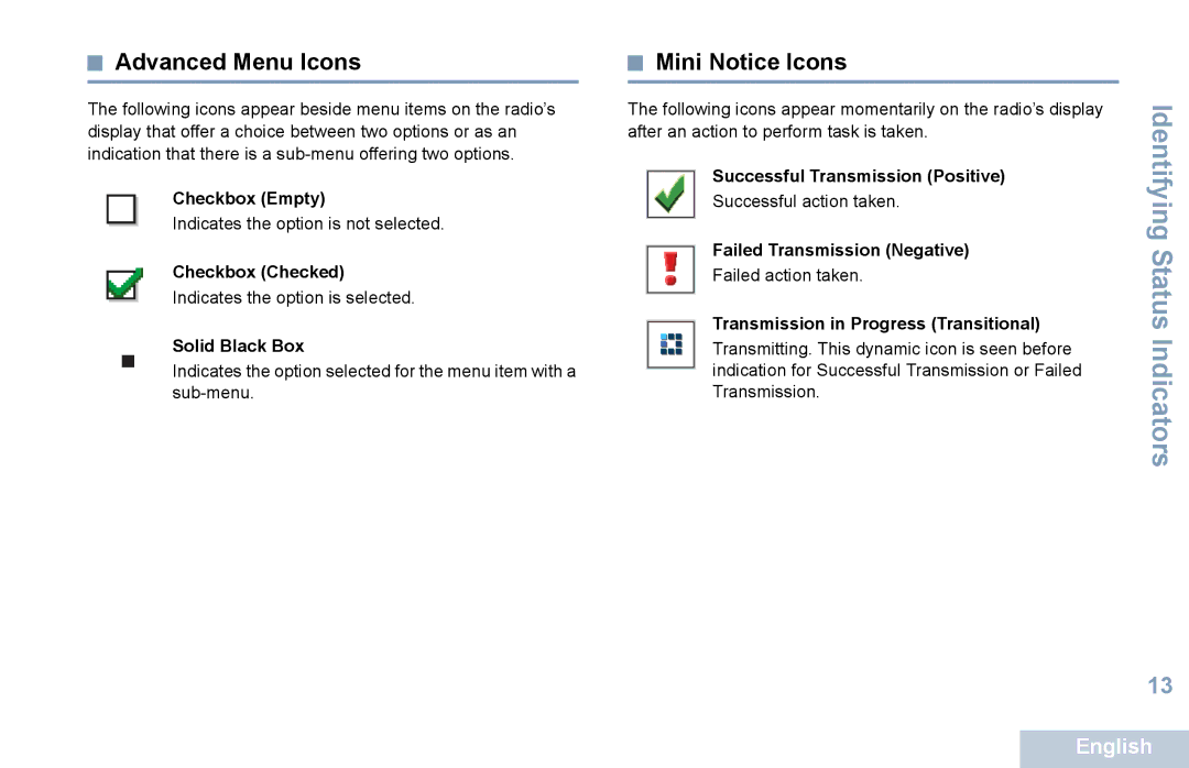 Motorola XPR 5550 manual Advanced Menu Icons, Mini Notice Icons 