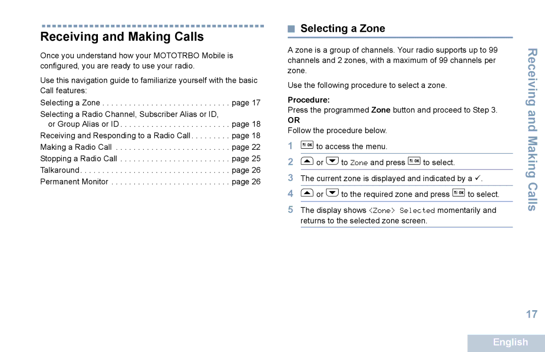 Motorola XPR 5550 manual Receiving and Making Calls, Selecting a Zone, Procedure 