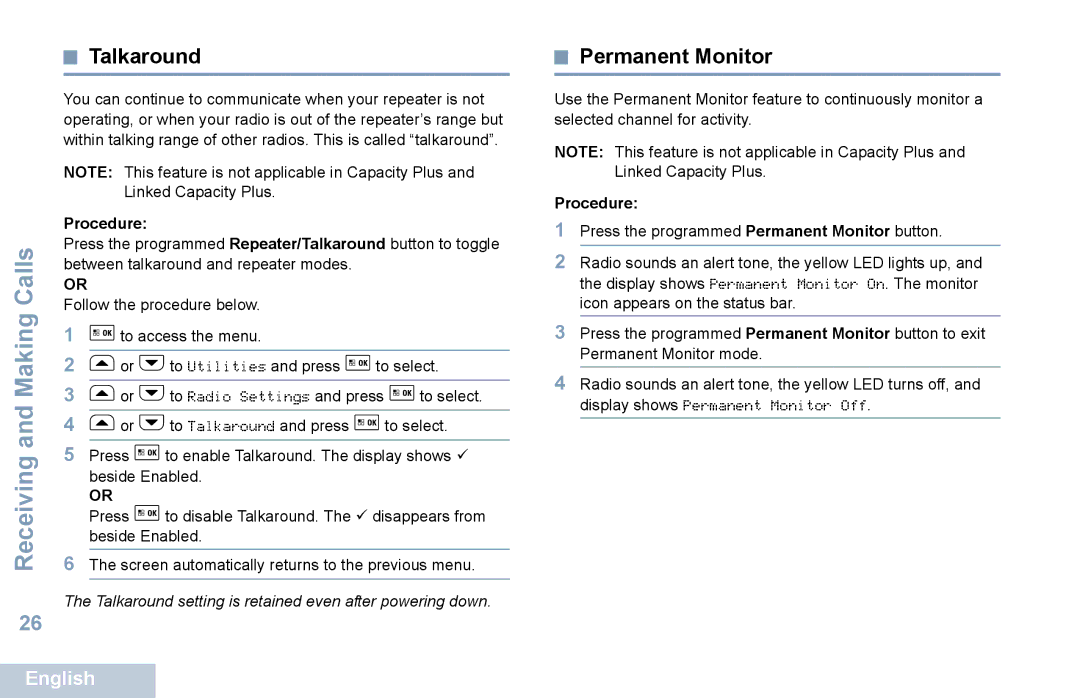 Motorola XPR 5550 manual Talkaround, Permanent Monitor 