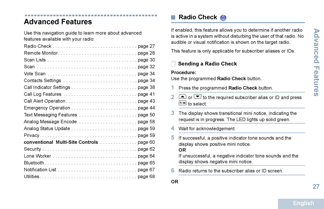 Motorola XPR 5550 manual Advanced Features,  Sending a Radio Check 