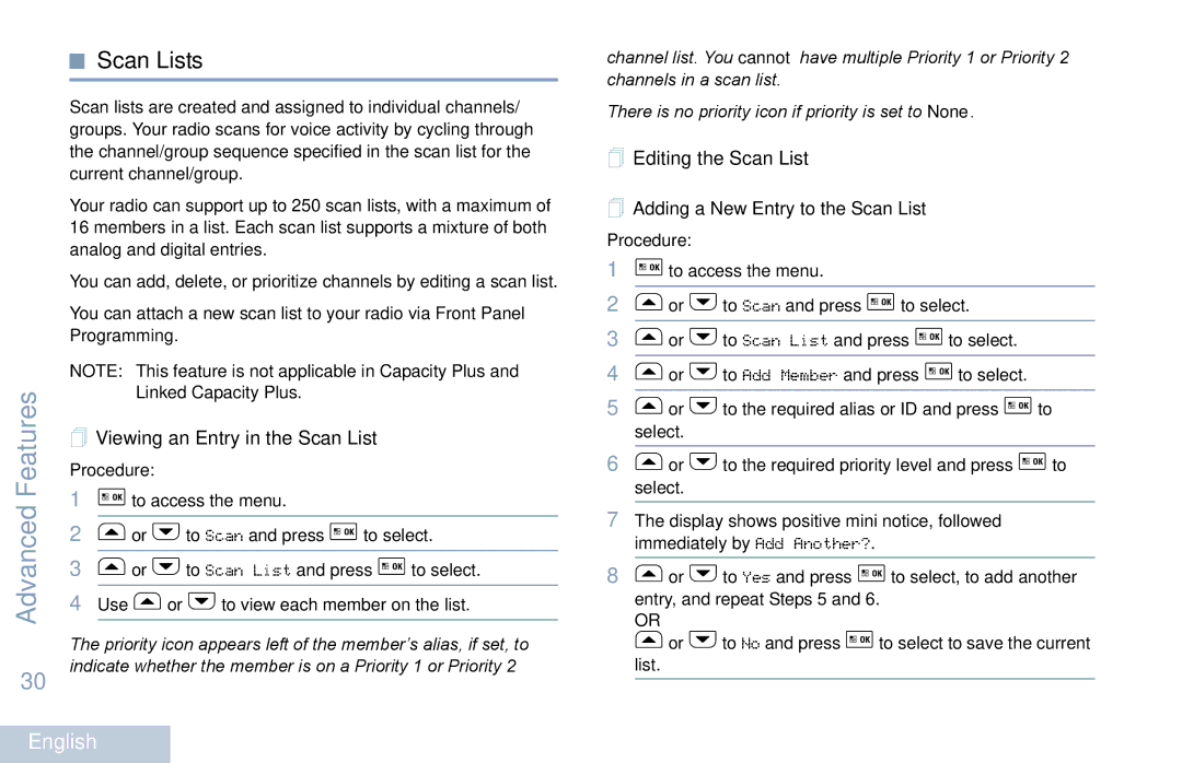 Motorola XPR 5550 manual Scan Lists,  Viewing an Entry in the Scan List,  Editing the Scan List 