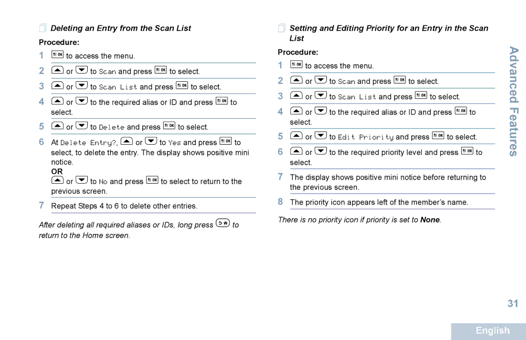 Motorola XPR 5550  Deleting an Entry from the Scan List,  Setting and Editing Priority for an Entry in the Scan List 