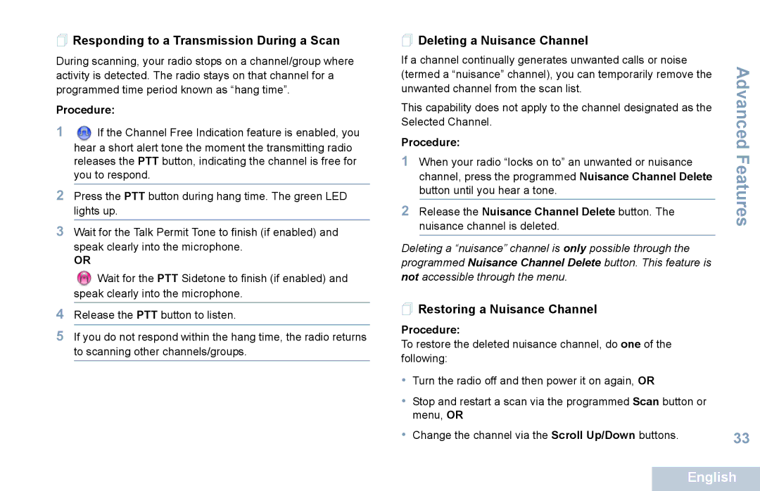 Motorola XPR 5550 manual  Responding to a Transmission During a Scan,  Deleting a Nuisance Channel 