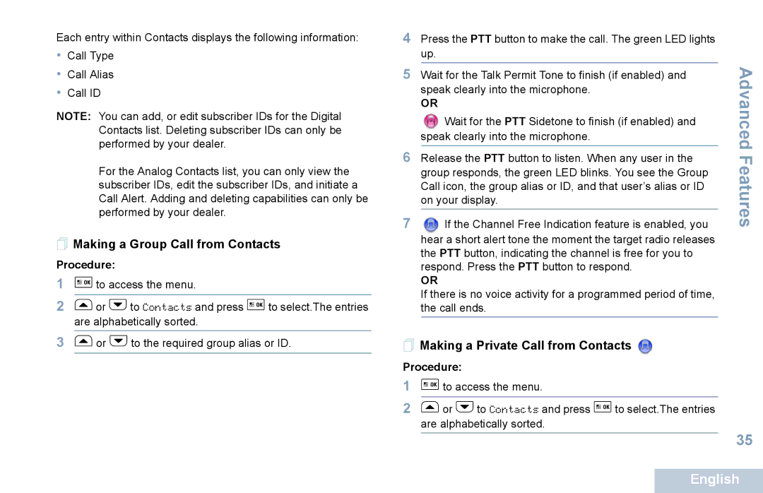 Motorola XPR 5550 manual  Making a Group Call from Contacts,  Making a Private Call from Contacts 