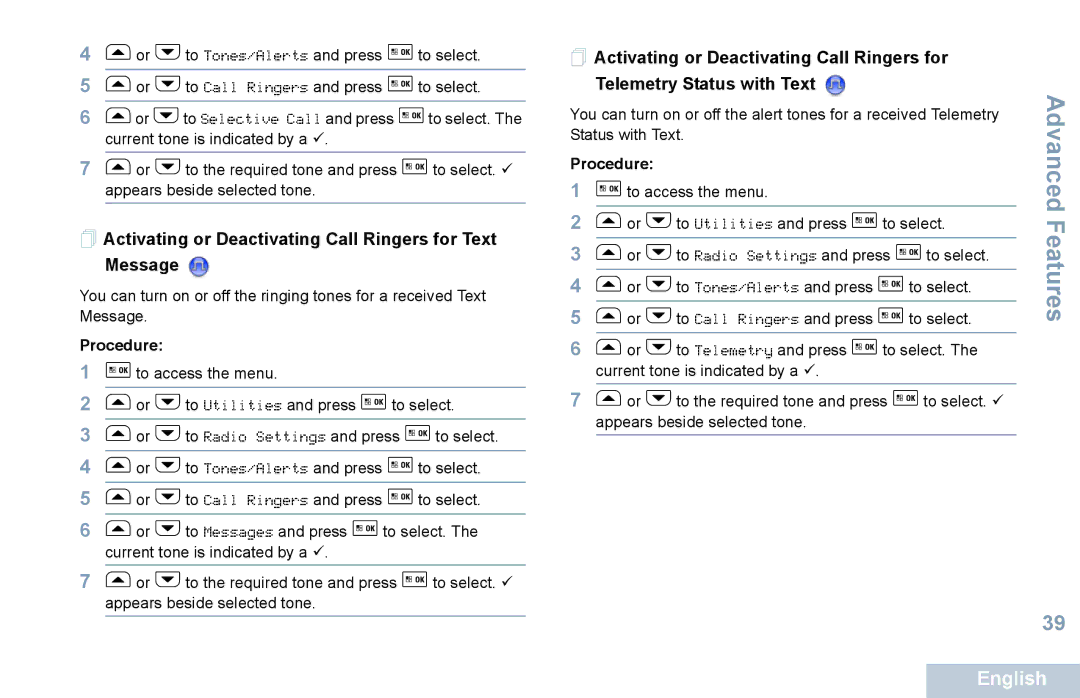 Motorola XPR 5550 manual  Activating or Deactivating Call Ringers for Text Message 