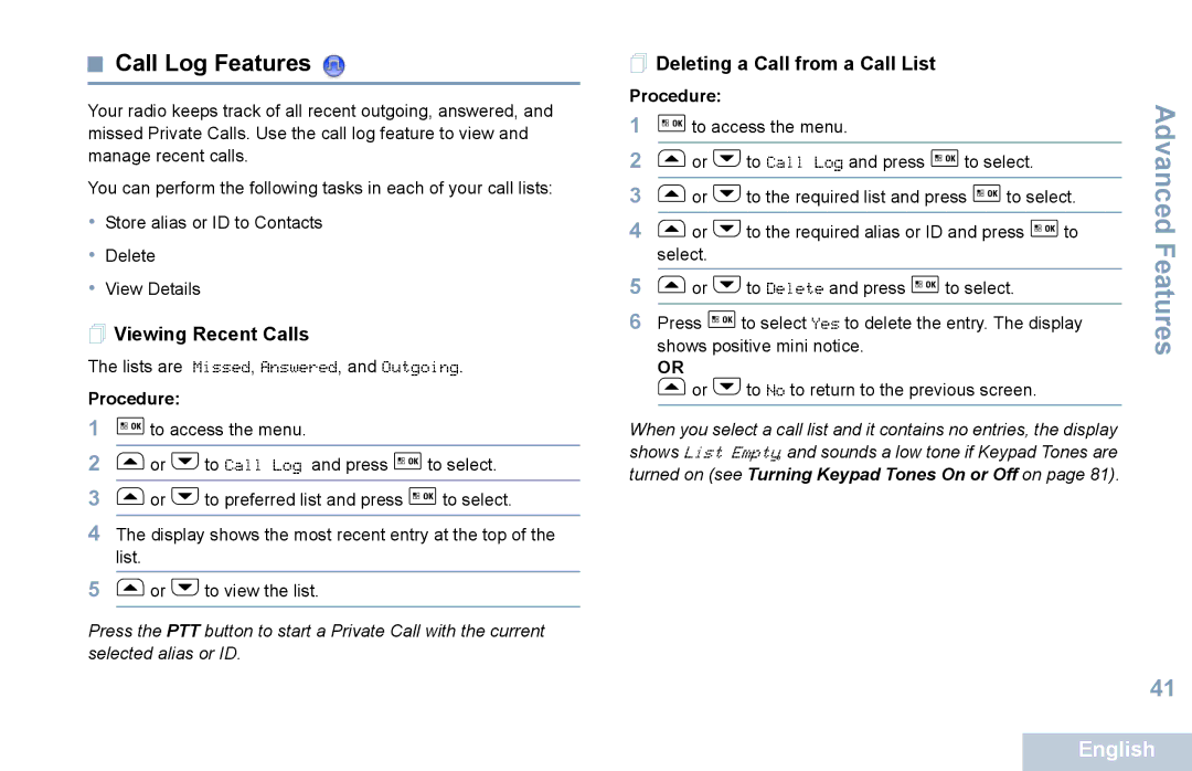 Motorola XPR 5550 manual Call Log Features,  Viewing Recent Calls,  Deleting a Call from a Call List 