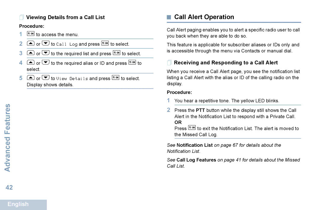 Motorola XPR 5550 Call Alert Operation,  Viewing Details from a Call List,  Receiving and Responding to a Call Alert 