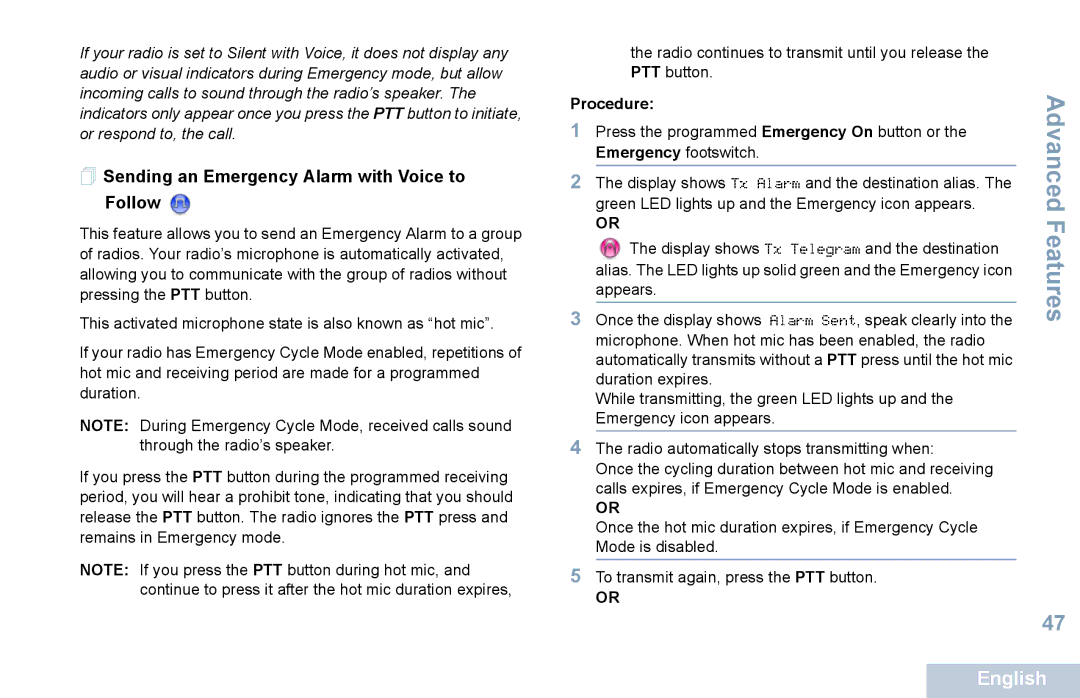 Motorola XPR 5550 manual  Sending an Emergency Alarm with Voice to Follow 