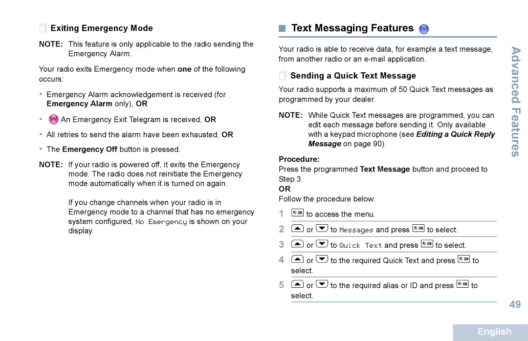 Motorola XPR 5550 manual Text Messaging Features,  Exiting Emergency Mode,  Sending a Quick Text Message 