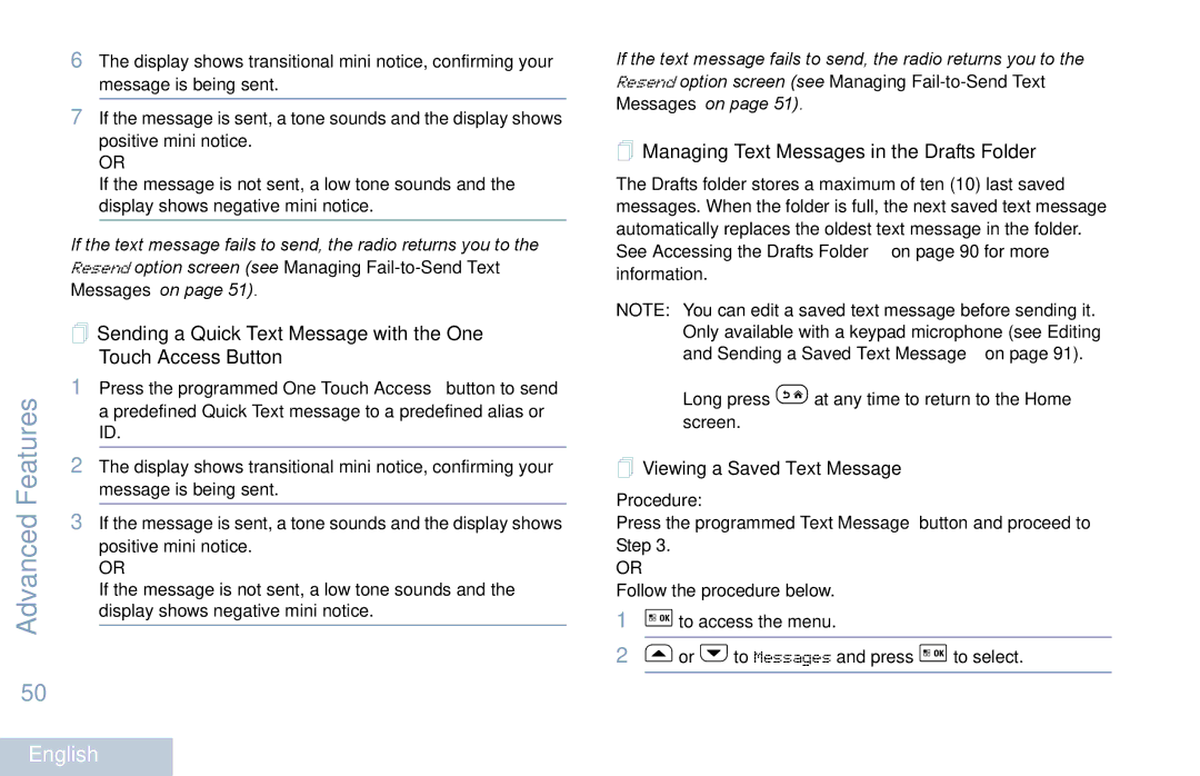 Motorola XPR 5550 manual  Managing Text Messages in the Drafts Folder,  Viewing a Saved Text Message 