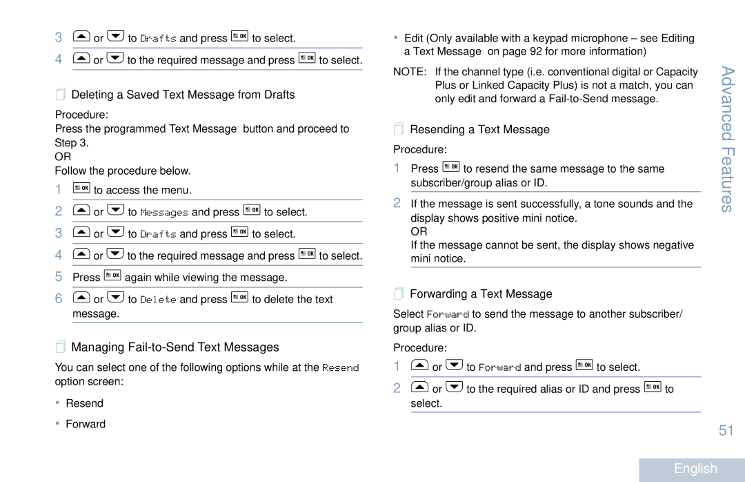 Motorola XPR 5550 manual  Deleting a Saved Text Message from Drafts,  Managing Fail-to-Send Text Messages 