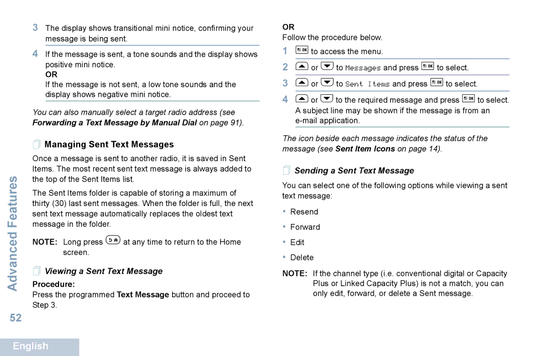 Motorola XPR 5550 manual  Managing Sent Text Messages,  Viewing a Sent Text Message,  Sending a Sent Text Message 