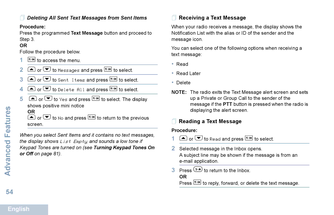 Motorola XPR 5550  Deleting All Sent Text Messages from Sent Items,  Receiving a Text Message,  Reading a Text Message 