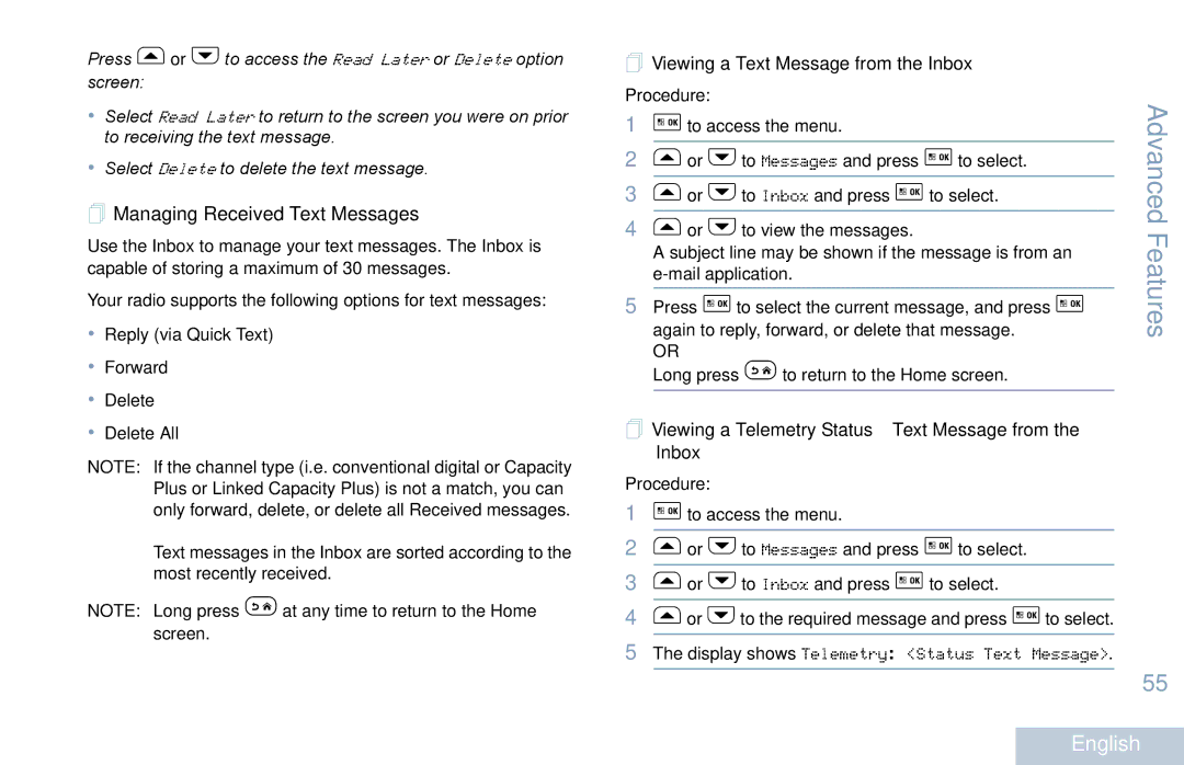 Motorola XPR 5550 manual  Managing Received Text Messages,  Viewing a Text Message from the Inbox 