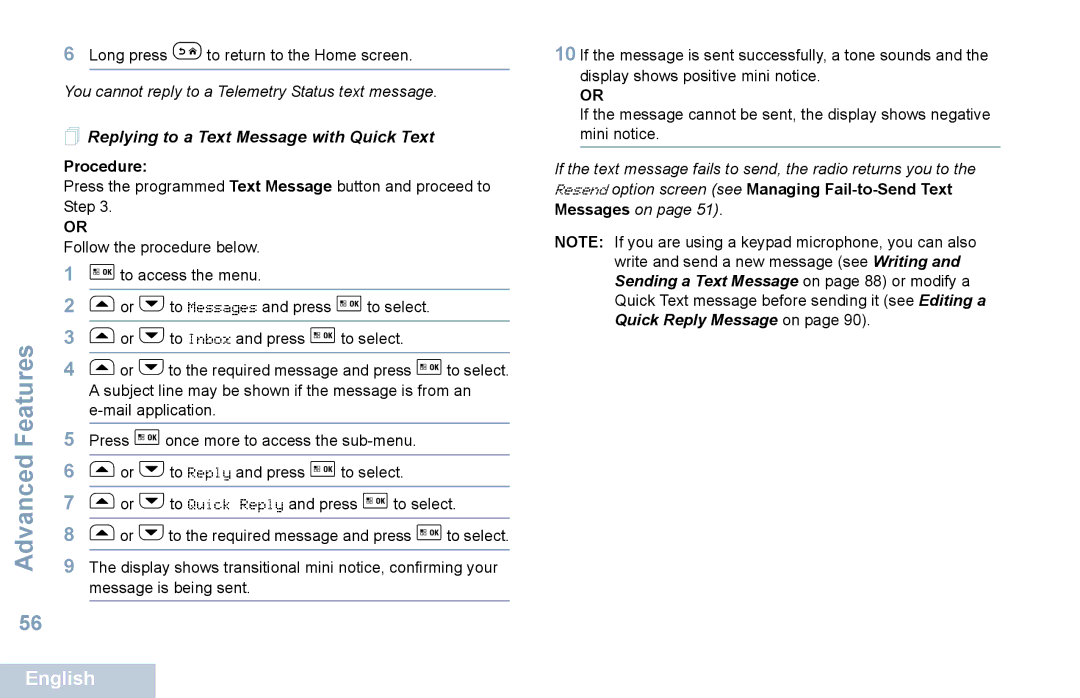 Motorola XPR 5550 manual  Replying to a Text Message with Quick Text 