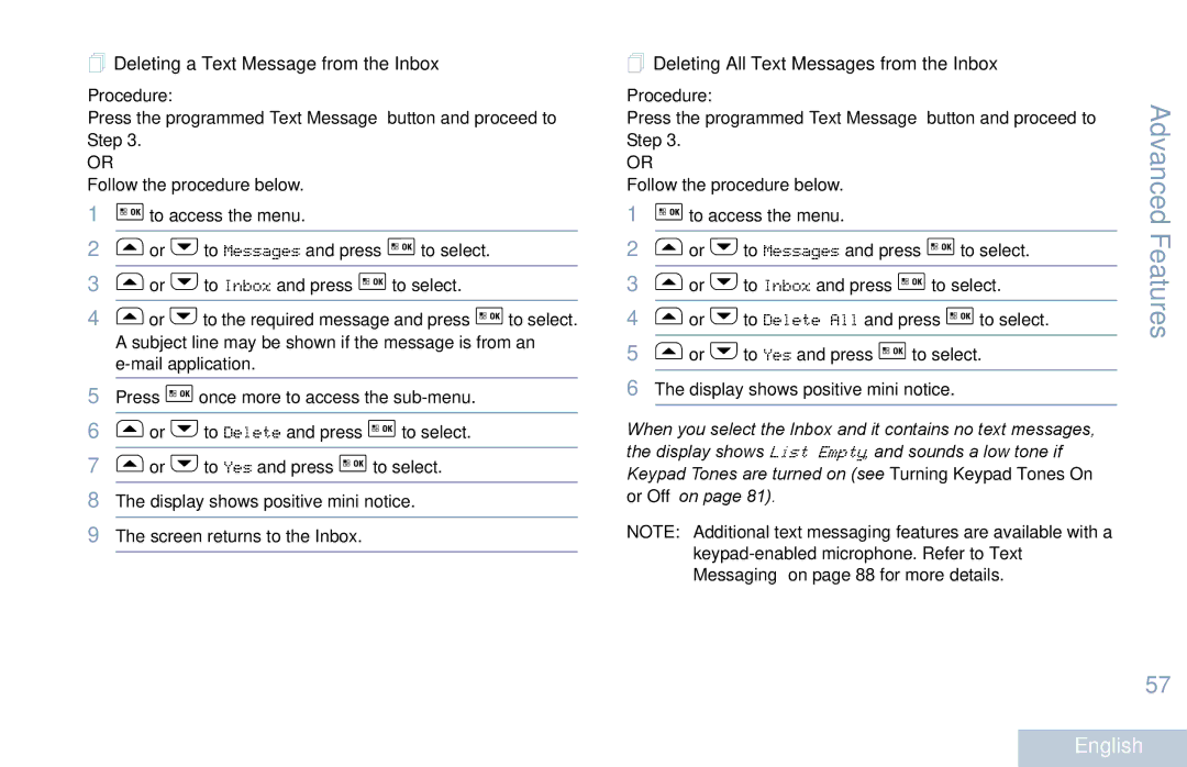 Motorola XPR 5550 manual  Deleting a Text Message from the Inbox,  Deleting All Text Messages from the Inbox 