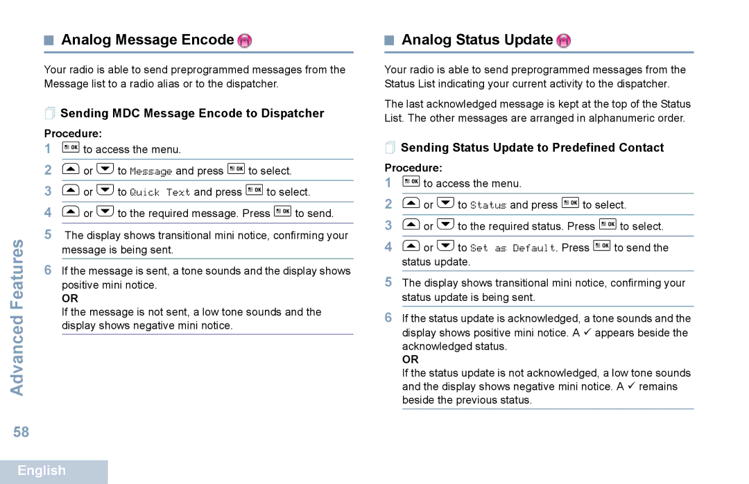 Motorola XPR 5550 manual Analog Message Encode, Analog Status Update,  Sending MDC Message Encode to Dispatcher 