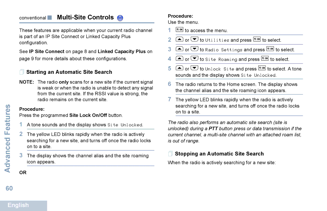 Motorola XPR 5550 manual Multi-Site Controls,  Starting an Automatic Site Search,  Stopping an Automatic Site Search 