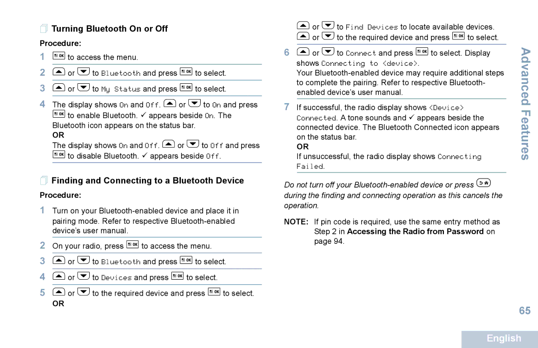 Motorola XPR 5550 manual  Turning Bluetooth On or Off,  Finding and Connecting to a Bluetooth Device 