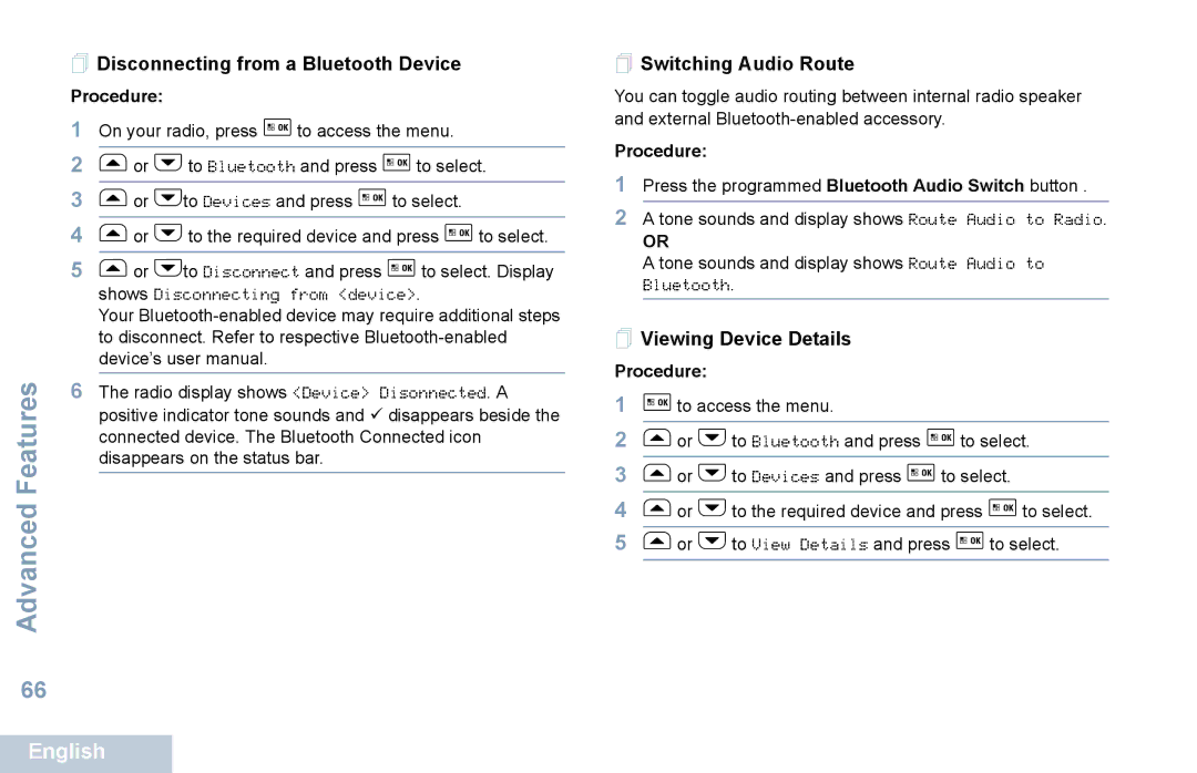 Motorola XPR 5550 manual  Disconnecting from a Bluetooth Device,  Switching Audio Route,  Viewing Device Details 