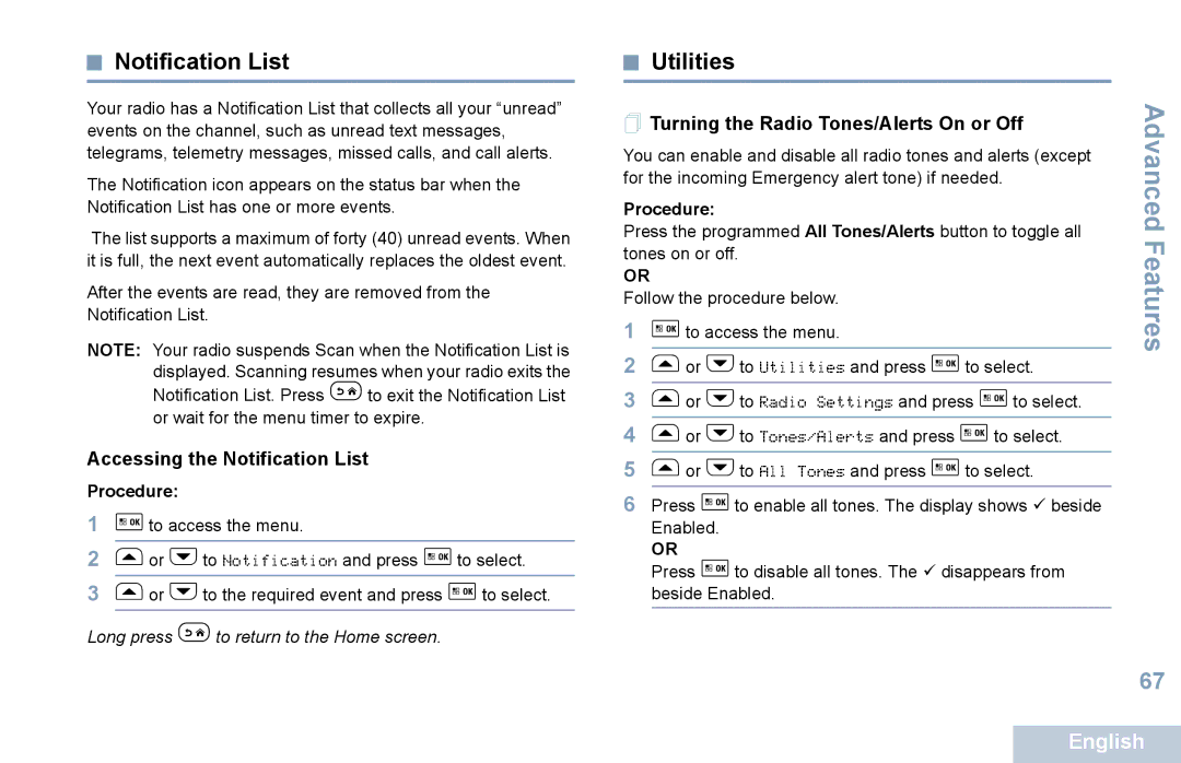 Motorola XPR 5550 manual Utilities, Accessing the Notification List,  Turning the Radio Tones/Alerts On or Off 