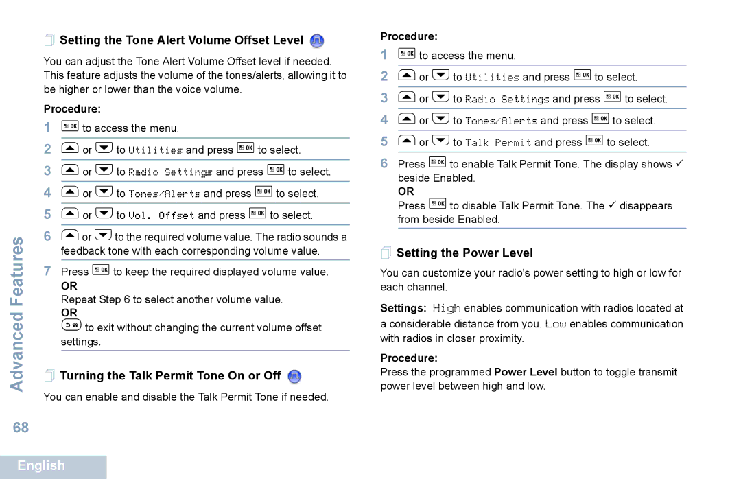 Motorola XPR 5550 manual  Setting the Tone Alert Volume Offset Level,  Turning the Talk Permit Tone On or Off 