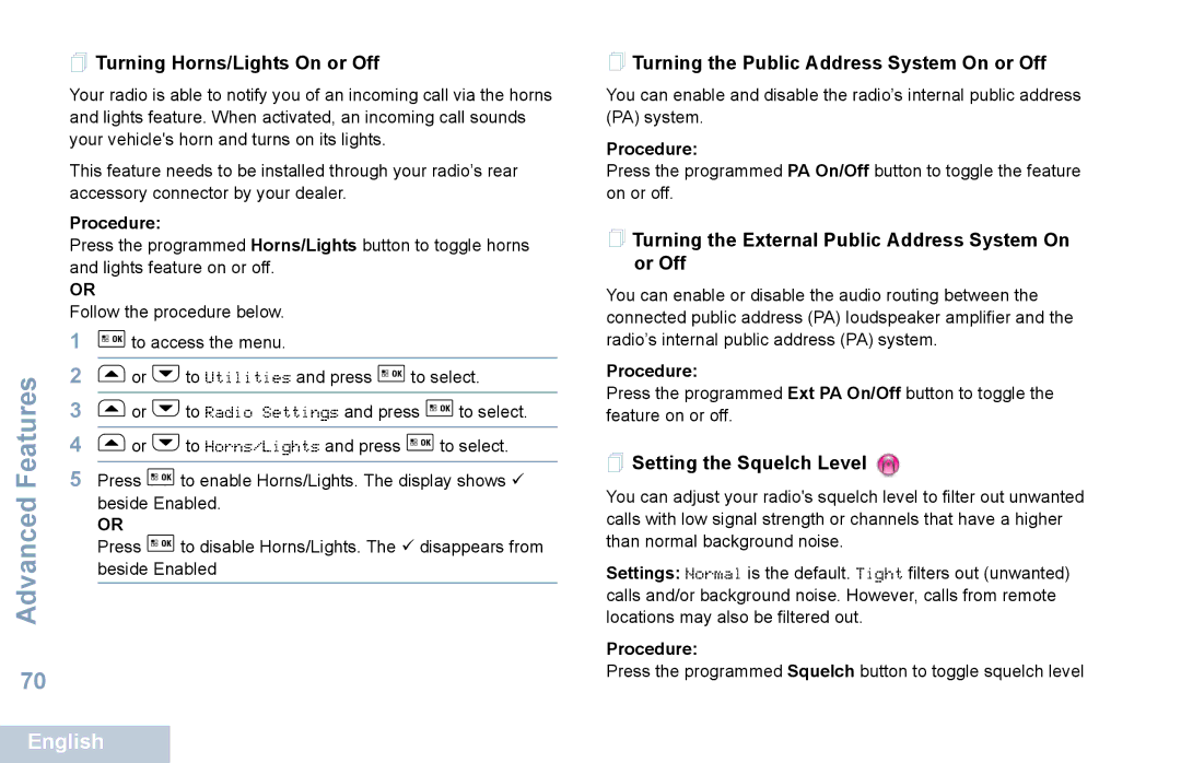 Motorola XPR 5550 manual  Turning Horns/Lights On or Off,  Turning the Public Address System On or Off 