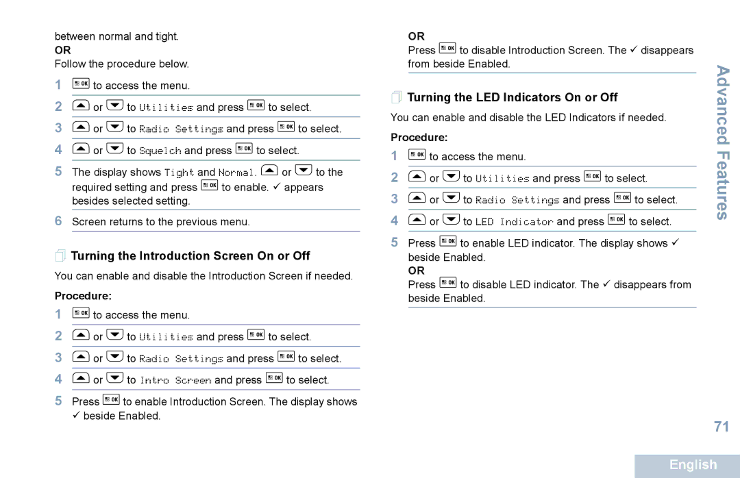 Motorola XPR 5550 manual  Turning the Introduction Screen On or Off,  Turning the LED Indicators On or Off 