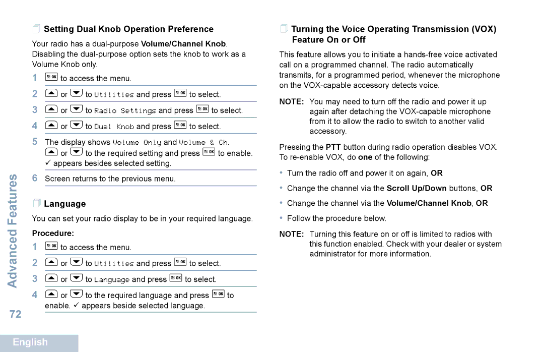 Motorola XPR 5550 manual  Setting Dual Knob Operation Preference,  Language 