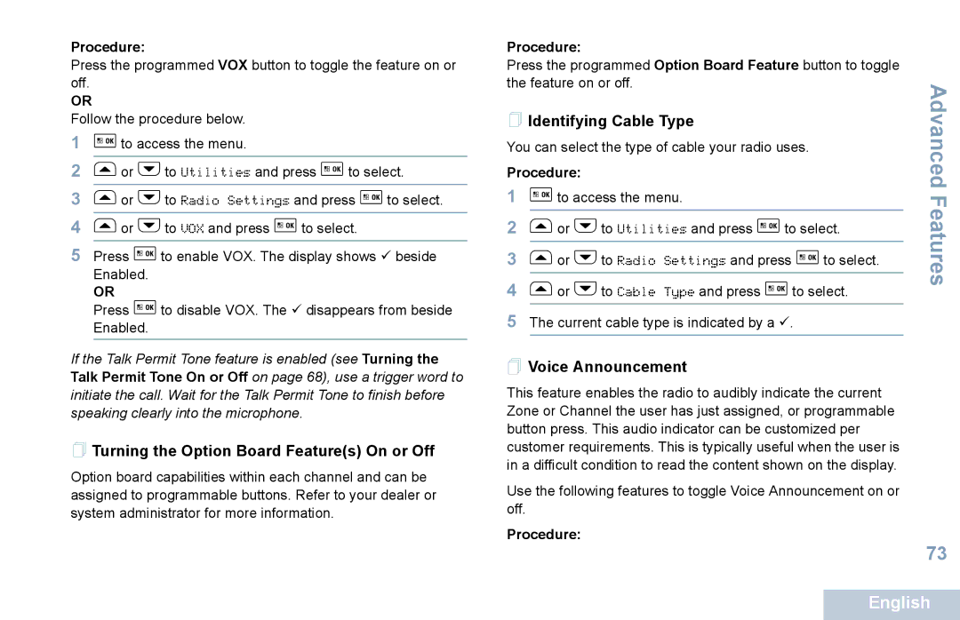 Motorola XPR 5550 manual  Turning the Option Board Features On or Off,  Identifying Cable Type,  Voice Announcement 