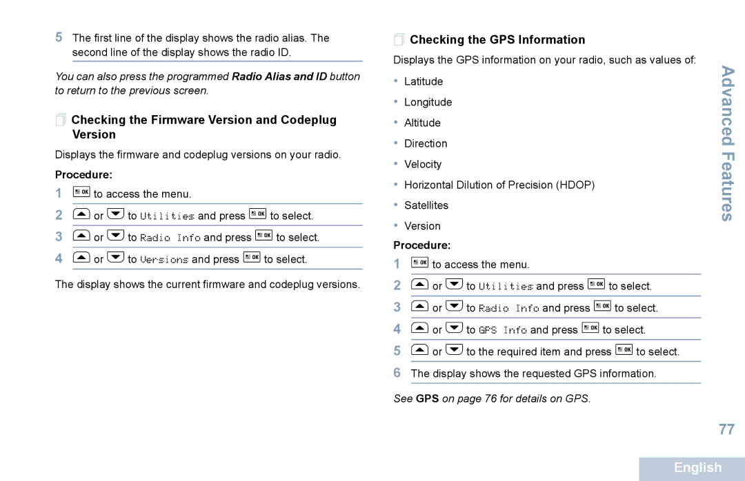 Motorola XPR 5550 manual  Checking the Firmware Version and Codeplug Version,  Checking the GPS Information 