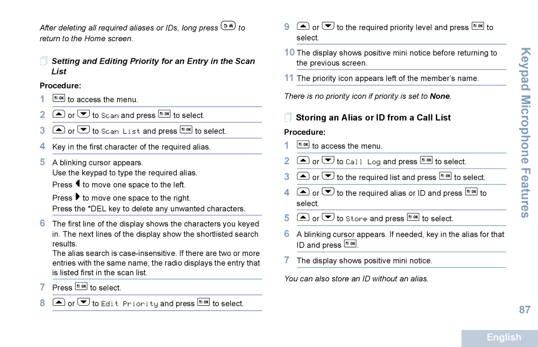 Motorola XPR 5550  Setting and Editing Priority for an Entry in the Scan List,  Storing an Alias or ID from a Call List 